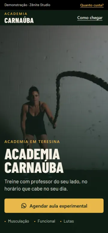 O mesmo site no celular, com a faixa "Demonstração · Zênite Studio" no topo.