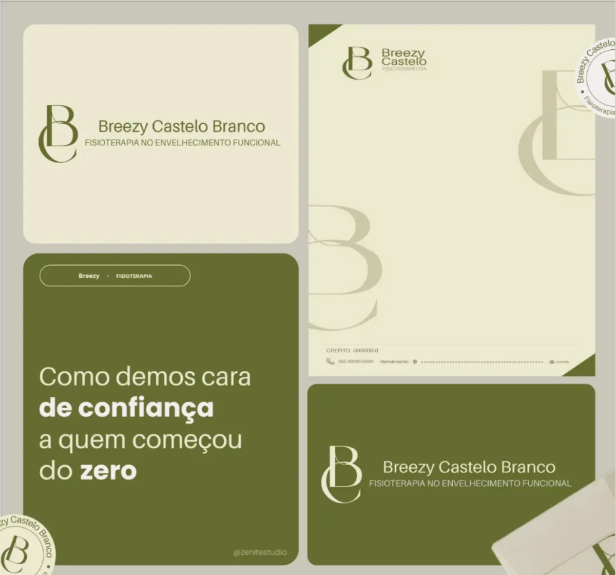 Aplicações da marca Breezy Castelo Branco: cartão de visita, papel timbrado e post, em creme e verde-oliva, com o monograma BC.